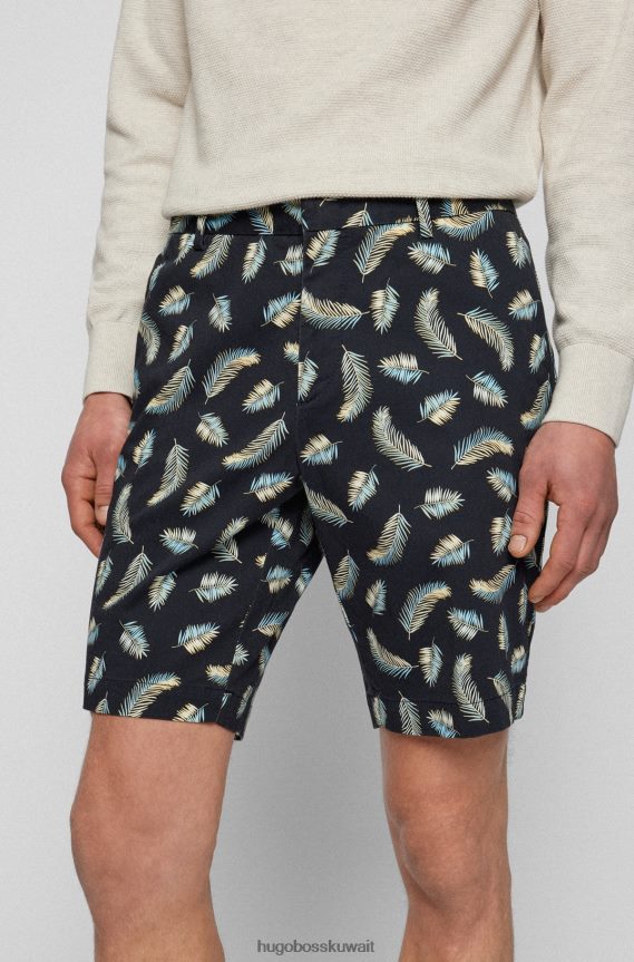 4TFNJN4158 أزرق غامق Hugo Boss شورت بقصة ضيقة من الساتان القطني المرن بطبعات موسمية باللون الأزرق الداكن