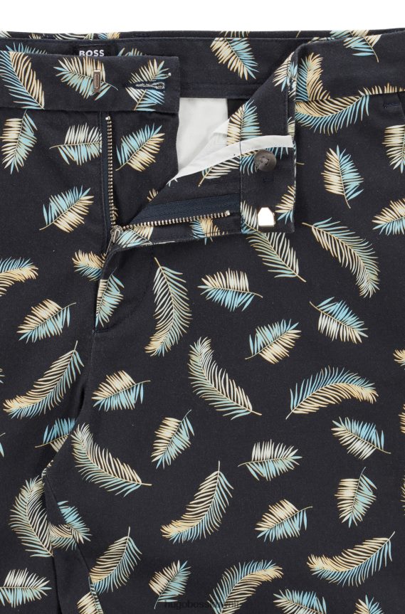 4TFNJN4158 أزرق غامق Hugo Boss شورت بقصة ضيقة من الساتان القطني المرن بطبعات موسمية باللون الأزرق الداكن