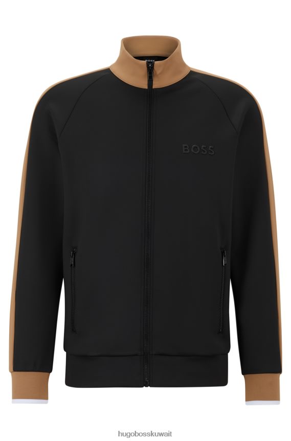 4TFNJN4159 أسود Hugo Boss سويت شيرت أسود بسحاب من القماش المطاطي مع هوغو متباين الألوان