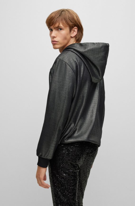 4TFNJN4165 أسود Hugo Boss هوديي بطبعة رقائق معدنية باللون الأسود من قماش هوغو المطاطي