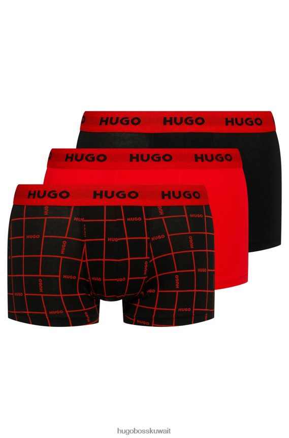 4TFNJN4170 أسود أحمر Hugo Boss حزمة من ثلاثة سراويل داخلية بشعار الماركة من القطن المطاطي باللون الأسود