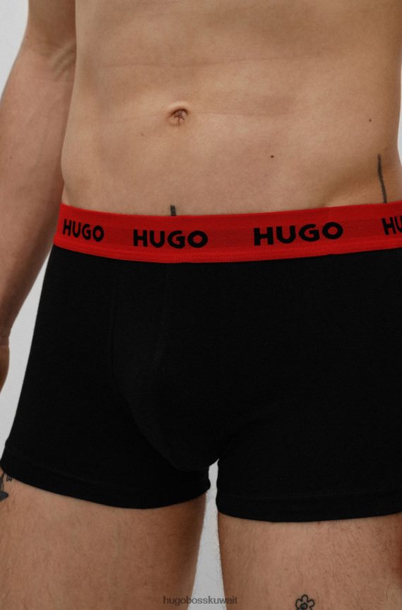 4TFNJN4170 أسود أحمر Hugo Boss حزمة من ثلاثة سراويل داخلية بشعار الماركة من القطن المطاطي باللون الأسود