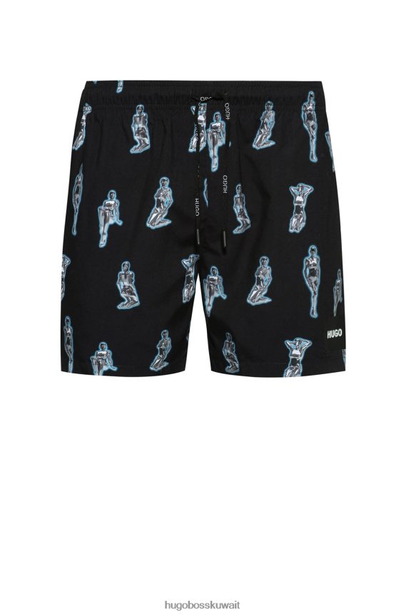 4TFNJN4177 أسود Hugo Boss شورت سباحة من القماش المعاد تدويره مع عمل فني روبوتي باللون الأسود