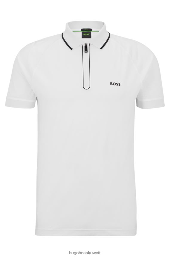 4TFNJN4184 أبيض Hugo Boss قميص بولو أبيض بقصة ضيقة ورقبة بسحاب من قطن هوغو المطاطي