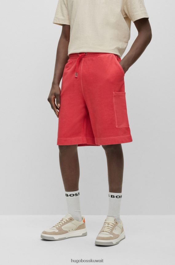 4TFNJN4189 أحمر Hugo Boss شورت من قطن تيري المصبوغ مع جيوب هوغو باللون الأحمر
