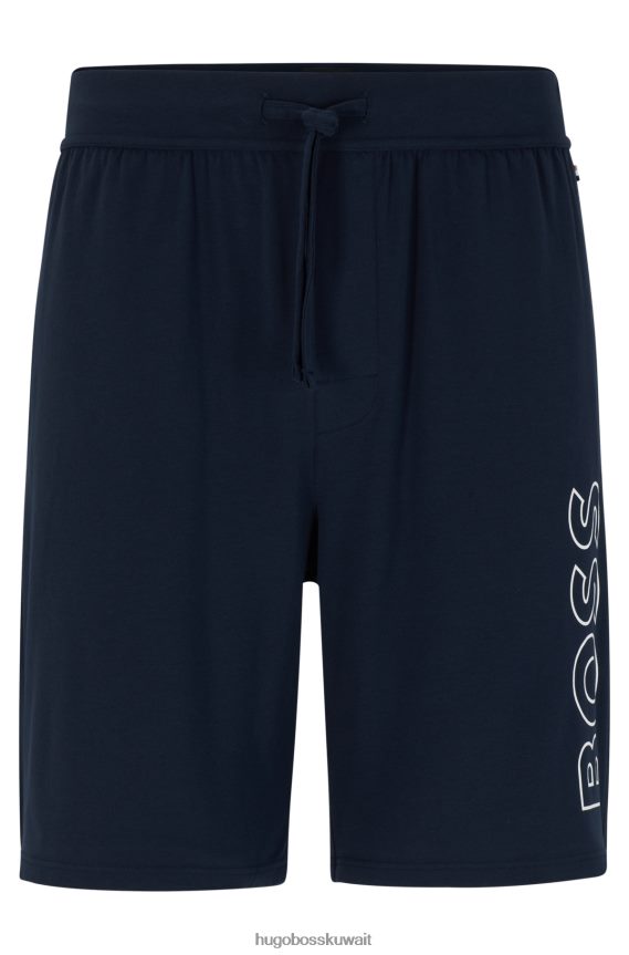 4TFNJN4196 أزرق غامق Hugo Boss هوغو شورت بيجامة من القطن المطاطي مع شعار مخطط باللون الأزرق الداكن