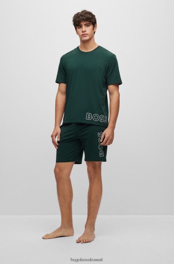 4TFNJN4198 أخضر غامق Hugo Boss شورت بيجامة من القطن المطاطي باللون الأخضر الداكن مع شعار هوغو مخطط تفصيلي