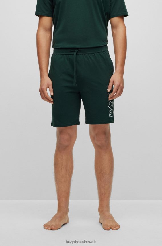 4TFNJN4198 أخضر غامق Hugo Boss شورت بيجامة من القطن المطاطي باللون الأخضر الداكن مع شعار هوغو مخطط تفصيلي