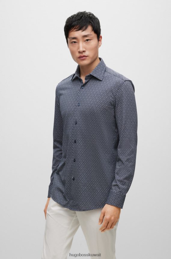 4TFNJN4205 أزرق غامق Hugo Boss قميص بقصة ضيقة من القماش المطبوع والمطاط باللون الأزرق الداكن