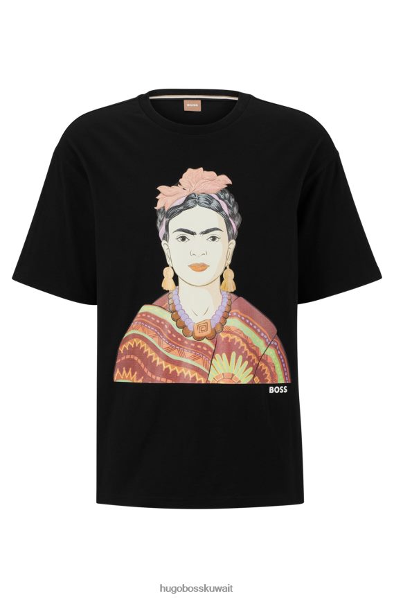 4TFNJN4219 أسود Hugo Boss تي شيرت أسود من القطن العضوي بقصة مريحة مع رسومات فريدا كاهلو