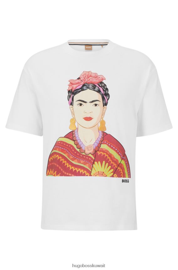4TFNJN4220 أبيض Hugo Boss تي شيرت من القطن العضوي مريح مع رسومات فريدا كاهلو هوغو باللون الأبيض