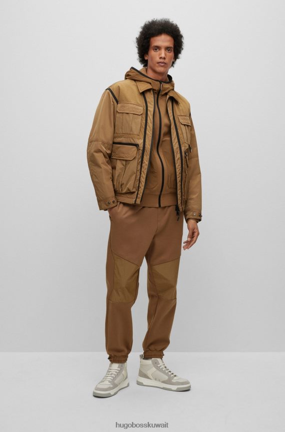 4TFNJN4225 بني Hugo Boss هودي بقصة مريحة وسحاب من مواد مختلطة، بني هوغو