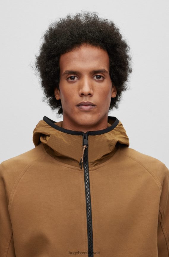 4TFNJN4225 بني Hugo Boss هودي بقصة مريحة وسحاب من مواد مختلطة، بني هوغو