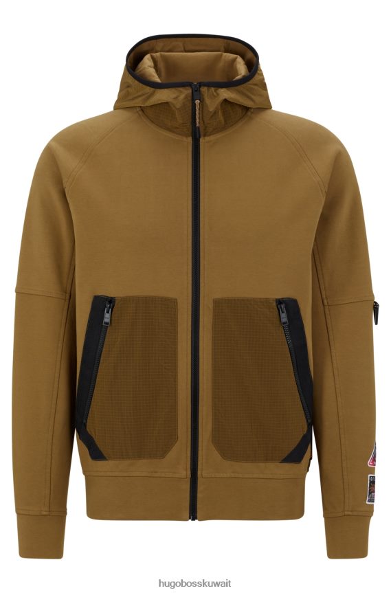 4TFNJN4225 بني Hugo Boss هودي بقصة مريحة وسحاب من مواد مختلطة، بني هوغو