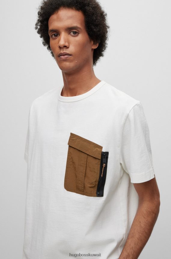 4TFNJN4227 أبيض Hugo Boss تي شيرت من الجيرسي القطني مع جيب بسحاب هوغو أبيض