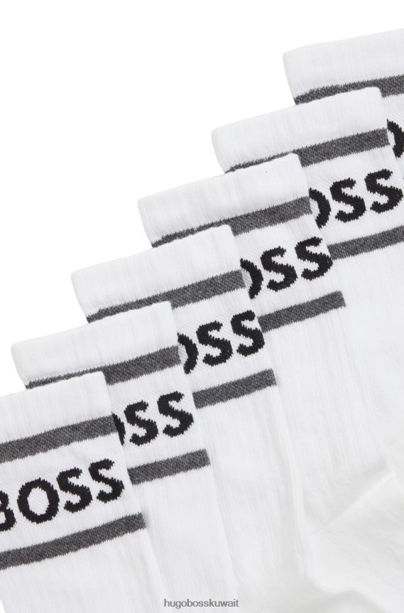 4TFNJN4237 أبيض Hugo Boss حزمة من ثلاثة جوارب قصيرة بخطوط وشعار هوغو باللون الأبيض