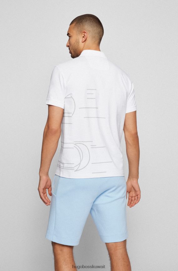 4TFNJN4240 أبيض Hugo Boss قميص بولو أبيض من القطن المطاطي من هوغو مع عمل فني هندسي حساس للضوء