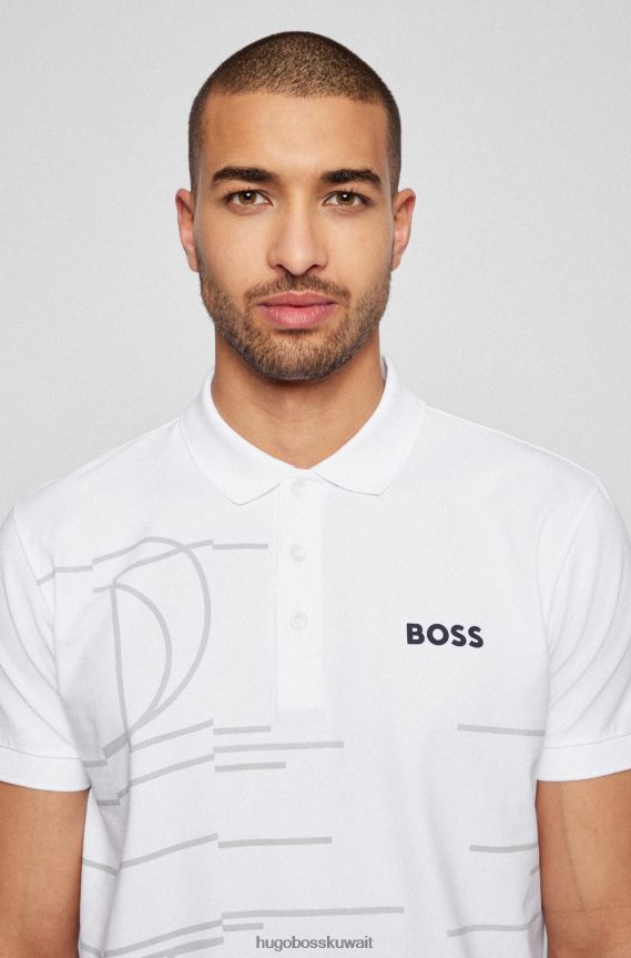 4TFNJN4240 أبيض Hugo Boss قميص بولو أبيض من القطن المطاطي من هوغو مع عمل فني هندسي حساس للضوء