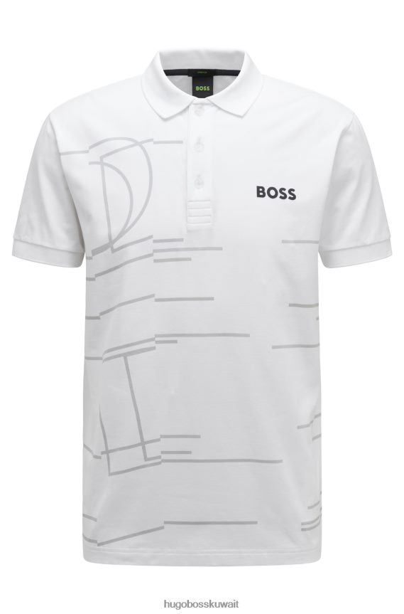 4TFNJN4240 أبيض Hugo Boss قميص بولو أبيض من القطن المطاطي من هوغو مع عمل فني هندسي حساس للضوء