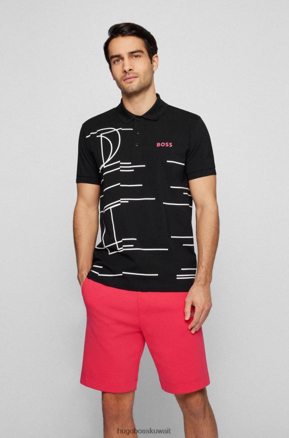 4TFNJN4241 أسود Hugo Boss قميص بولو من القطن المطاطي باللون الأسود من Hugo مع عمل فني هندسي حساس للضوء