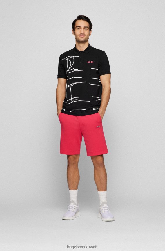 4TFNJN4241 أسود Hugo Boss قميص بولو من القطن المطاطي باللون الأسود من Hugo مع عمل فني هندسي حساس للضوء