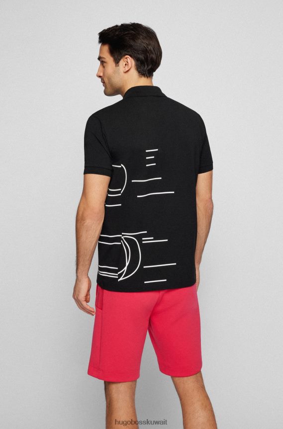 4TFNJN4241 أسود Hugo Boss قميص بولو من القطن المطاطي باللون الأسود من Hugo مع عمل فني هندسي حساس للضوء