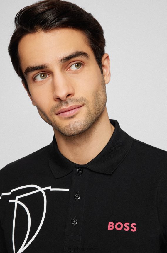 4TFNJN4241 أسود Hugo Boss قميص بولو من القطن المطاطي باللون الأسود من Hugo مع عمل فني هندسي حساس للضوء