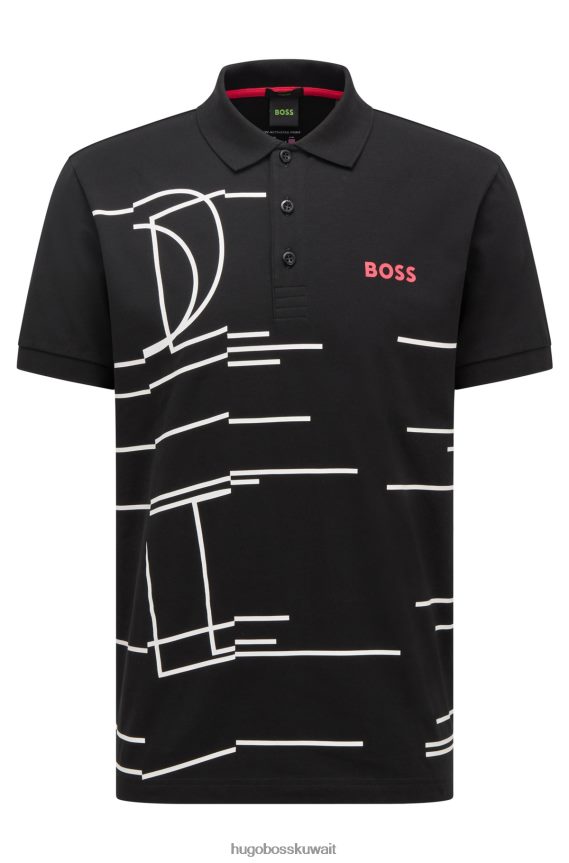 4TFNJN4241 أسود Hugo Boss قميص بولو من القطن المطاطي باللون الأسود من Hugo مع عمل فني هندسي حساس للضوء