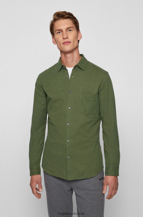 4TFNJN4246 أخضر Hugo Boss قميص هوغو أخضر بقصة ضيقة مصنوع من قطن الجيرسيه المصبوغ