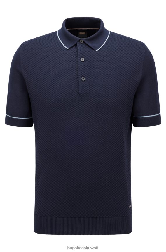 4TFNJN4253 أزرق غامق Hugo Boss قميص بولو من القطن والحرير باللون الأزرق الداكن من Hugo مع لوحة أمامية منظمة