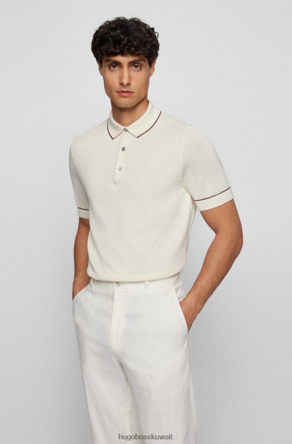 4TFNJN4254 أبيض Hugo Boss قميص بولو من هوغو من القطن والحرير مع لوحة أمامية منظمة باللون الأبيض