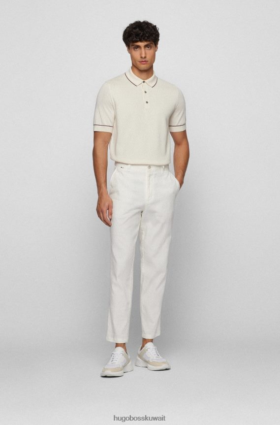 4TFNJN4254 أبيض Hugo Boss قميص بولو من هوغو من القطن والحرير مع لوحة أمامية منظمة باللون الأبيض