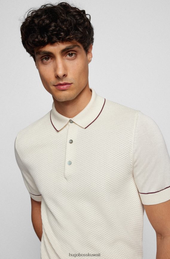 4TFNJN4254 أبيض Hugo Boss قميص بولو من هوغو من القطن والحرير مع لوحة أمامية منظمة باللون الأبيض