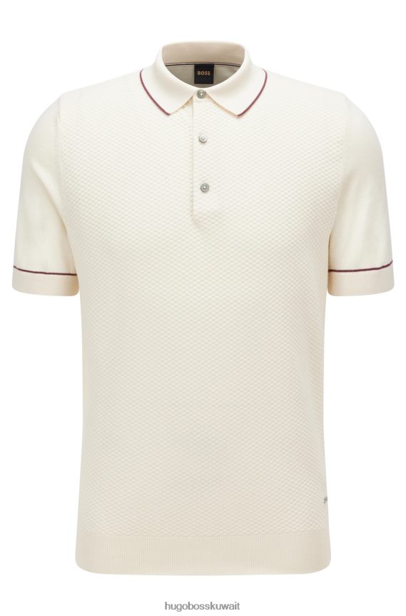 4TFNJN4254 أبيض Hugo Boss قميص بولو من هوغو من القطن والحرير مع لوحة أمامية منظمة باللون الأبيض