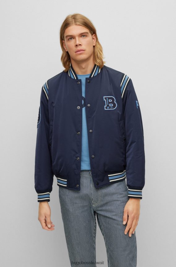 4TFNJN4256 أزرق غامق Hugo Boss سترة من الساتان مقاومة للماء مع شارة هوغو مزدوجة باللون الأزرق الداكن