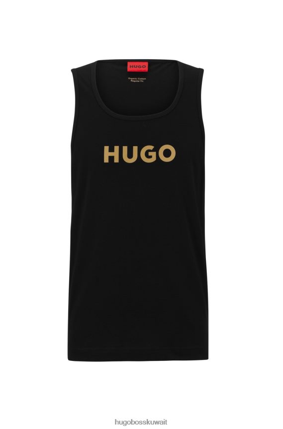 4TFNJN4260 أسود Hugo Boss قميص بدون أكمام من الجيرسي القطني مع شعار متباين باللون الأسود