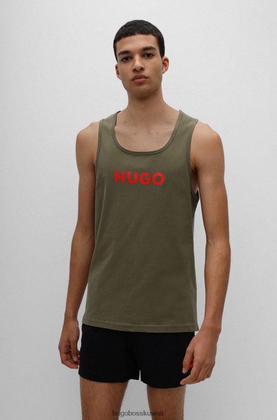 4TFNJN4261 الكاكي Hugo Boss بلوزة بدون أكمام من الجيرسي القطني باللون الكاكي مع شعار متباين