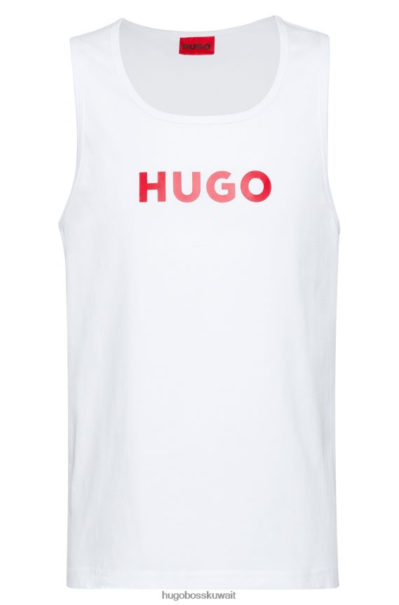 4TFNJN4262 أبيض Hugo Boss هوغو قميص بدون أكمام من الجيرسي القطني الأبيض مع شعار متباين