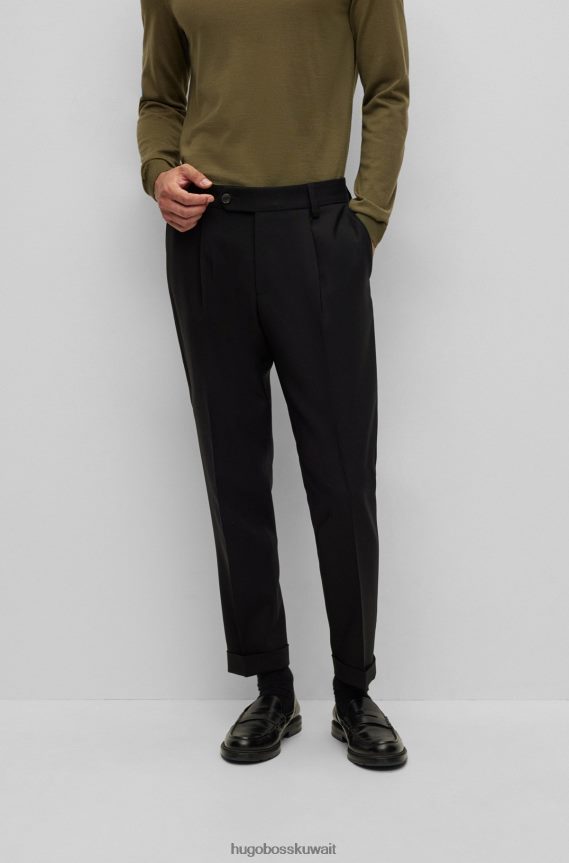 4TFNJN4267 أسود Hugo Boss بنطال بقصّة مدببة من قماش هوغو المخلوط بالصوف المنقوش باللون الأسود