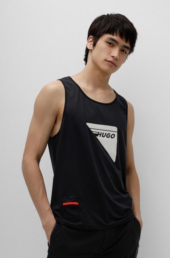 4TFNJN4269 أسود Hugo Boss قميص Hugo بدون أكمام شبكي مطاطي أسود مع شعار عاكس مزخرف