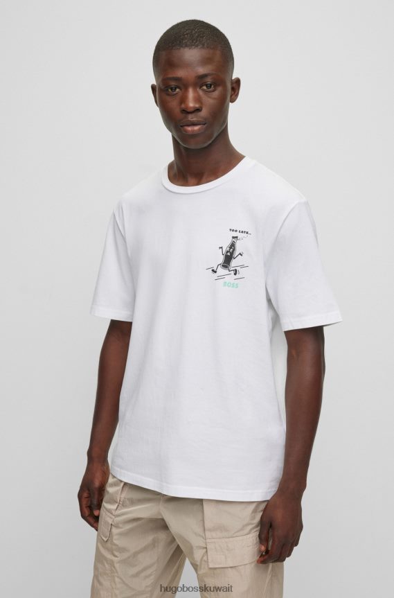 4TFNJN4271 أبيض Hugo Boss تي شيرت من الجيرسي القطني مع عمل فني للموسم الجديد باللون الأبيض