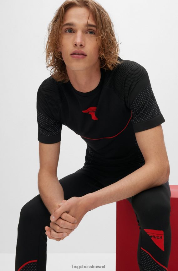 4TFNJN4279 أسود Hugo Boss تي شيرت ضيق للغاية قابل للتمدد مع أشرطة وشعار كبسولة هوغو باللون الأسود