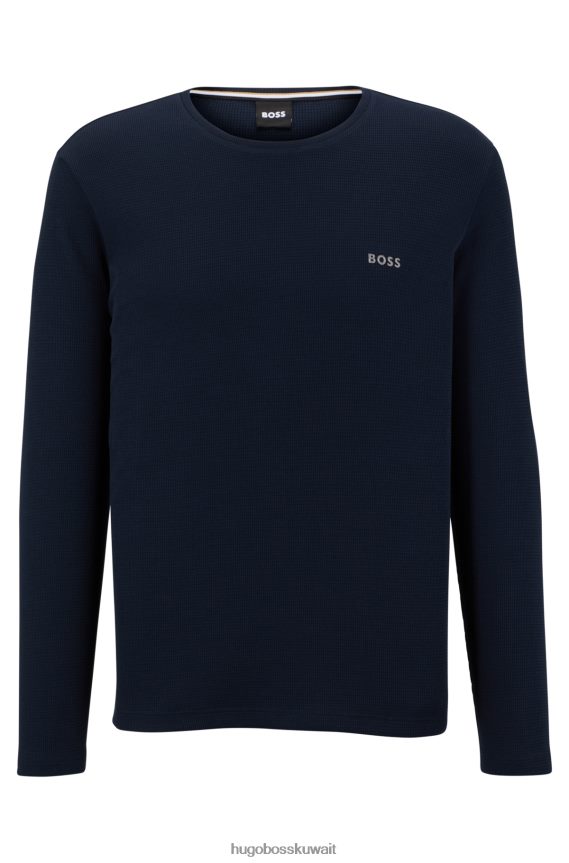 4TFNJN4281 أزرق غامق Hugo Boss هوغو تيشيرت بيجامة من مزيج القطن باللون الأزرق الداكن مع شعار مطرز