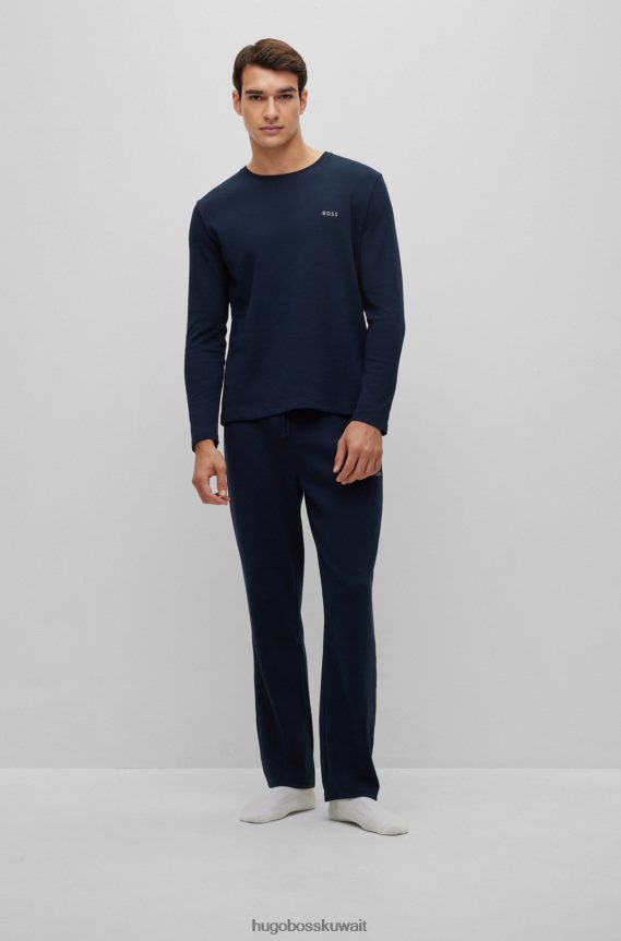 4TFNJN4281 أزرق غامق Hugo Boss هوغو تيشيرت بيجامة من مزيج القطن باللون الأزرق الداكن مع شعار مطرز