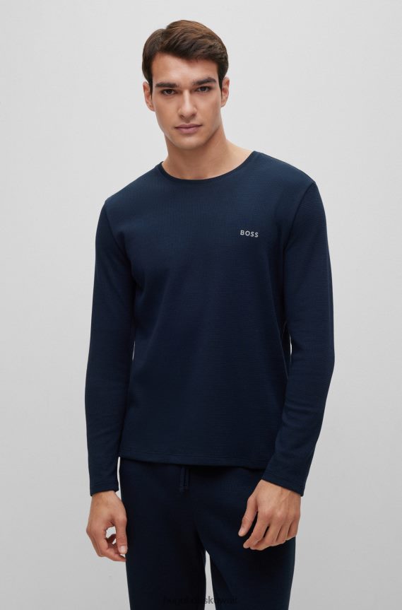 4TFNJN4281 أزرق غامق Hugo Boss هوغو تيشيرت بيجامة من مزيج القطن باللون الأزرق الداكن مع شعار مطرز