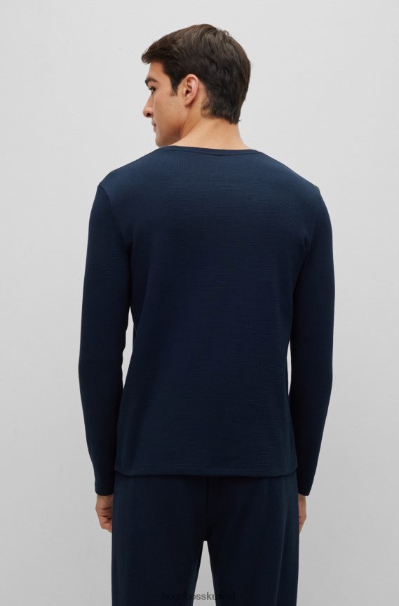 4TFNJN4281 أزرق غامق Hugo Boss هوغو تيشيرت بيجامة من مزيج القطن باللون الأزرق الداكن مع شعار مطرز