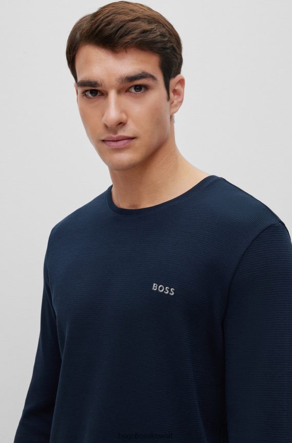 4TFNJN4281 أزرق غامق Hugo Boss هوغو تيشيرت بيجامة من مزيج القطن باللون الأزرق الداكن مع شعار مطرز