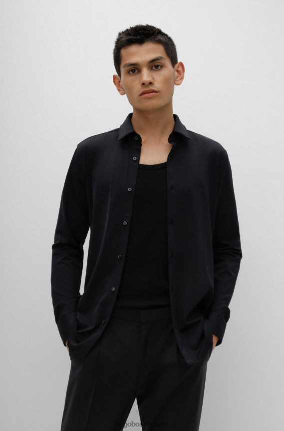 4TFNJN4286 أسود Hugo Boss قميص هوغو أسود فائق النحافة مصنوع من جيرسي مطاطي عالي الأداء