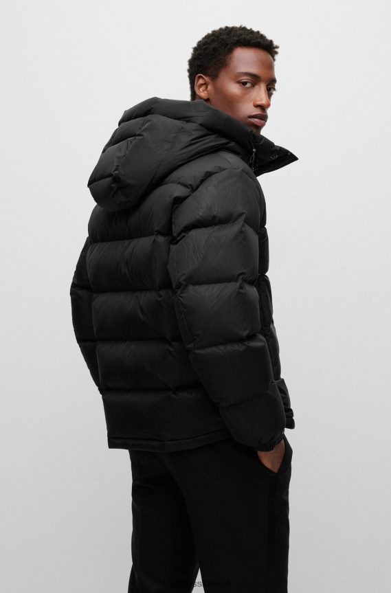 4TFNJN4290 أسود Hugo Boss سترة سوداء مقاومة للماء مع شارة حرف واحد فقط وبطانة هوغو