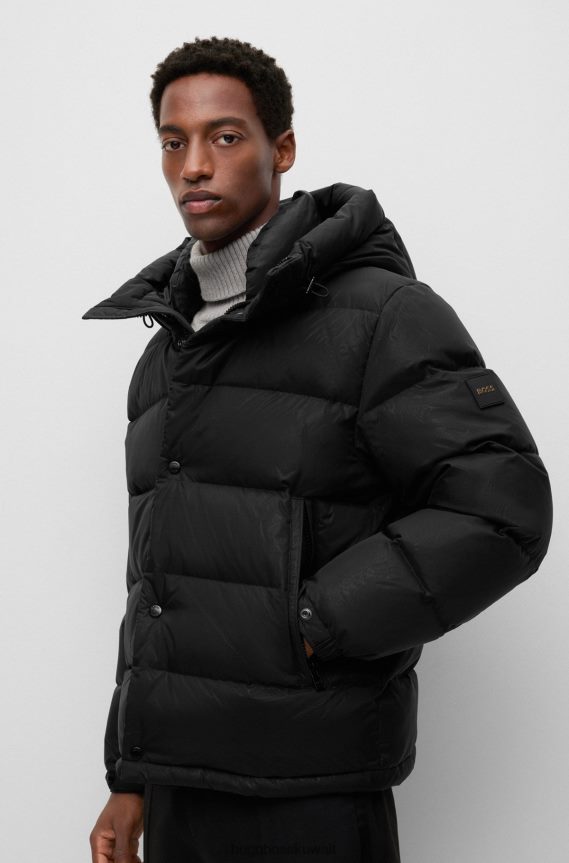4TFNJN4290 أسود Hugo Boss سترة سوداء مقاومة للماء مع شارة حرف واحد فقط وبطانة هوغو
